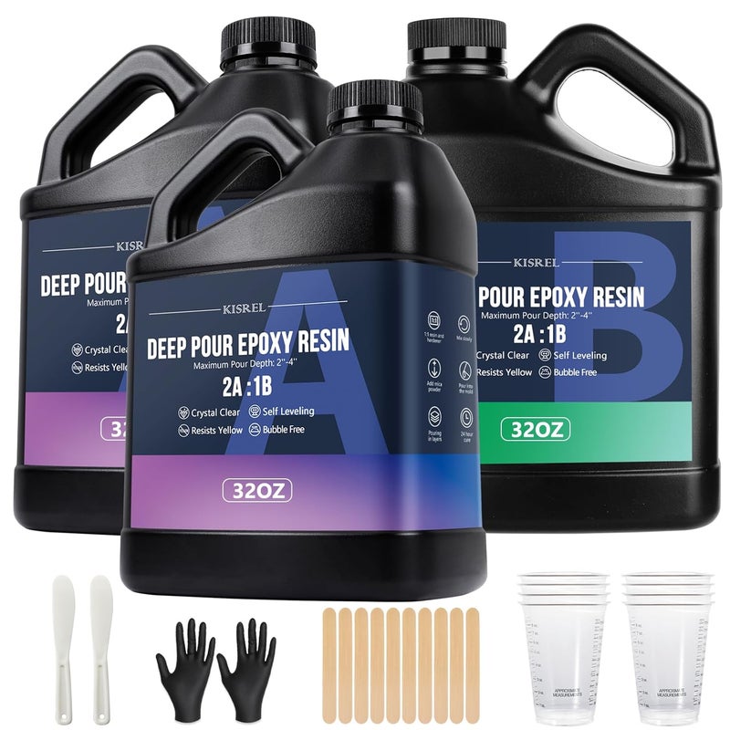 KISREL Deep Pour Epoxy Resin, 96OZ Resin Epoxy Kit (2:1) for 2-4 Inch Pour Depths，Bubble Free, Low Odour, Crystal Clear Casting Resin for Bar Tops, Table Tops, River Tables, Wood Fillers, Crafts - Image 1